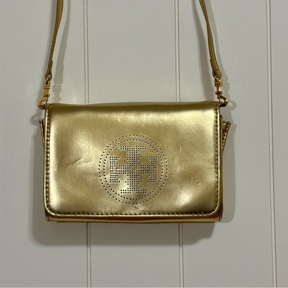 Tory Burch Perforated Logo Metallic Gold Leather Clutch Crossbody - Picture 2 of 16